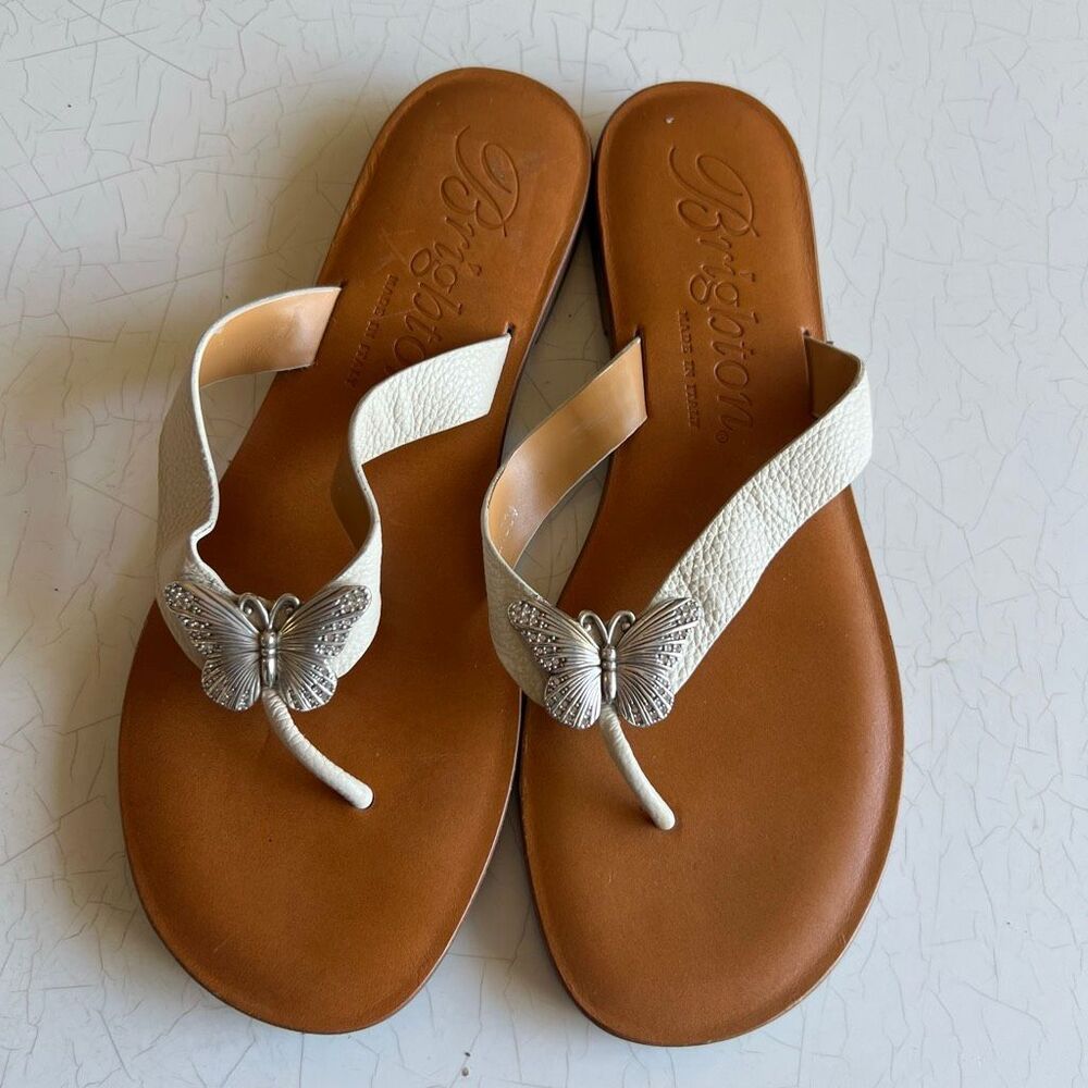 BRIGHTON Womens Aloft Ivory Leather Flip Flop Sandals Butterfly Italy Sz 9